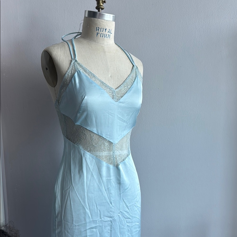 Elegant Blue Lace Trim Slip Dress